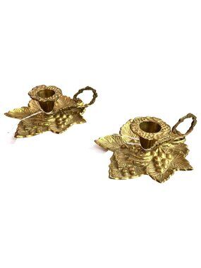 Vintage Brass Leaf & Grapevine Handle‎ Chamberstick Candle Holders Made In India